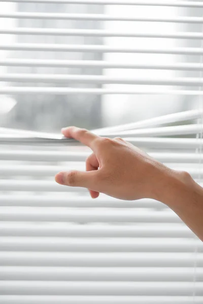 Sunny Day Man Hand Taking Peak Window Blinds — Stock Photo, Image