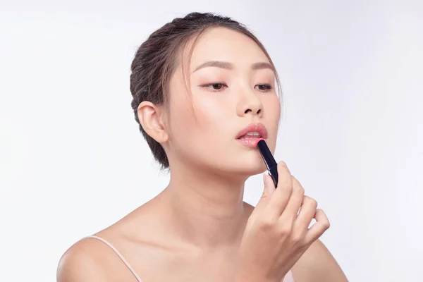 Pretty Asian Woman Applying Lipstick Isolated White — Stock Photo, Image