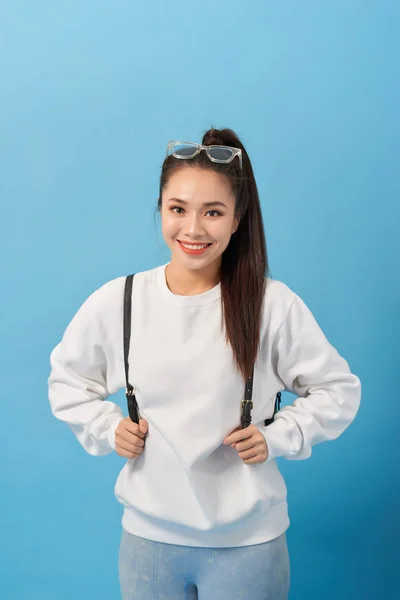 Ázsiai Diák Lány Több Mint Elszigetelt Kék Fal Boldog Mosolygós — Stock Fotó