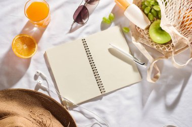 Yaz - piknik konsepti. Dizüstü bilgisayar, meyve, çanta, hasır şapka, güneş kremi, kamera ve beyaz arka plan üzerinde güneş kremi.