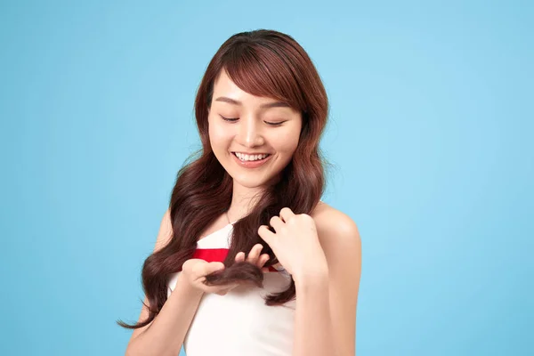 Asian Woman Smiling Long Hair Isolated Blue Background — Stock Photo, Image