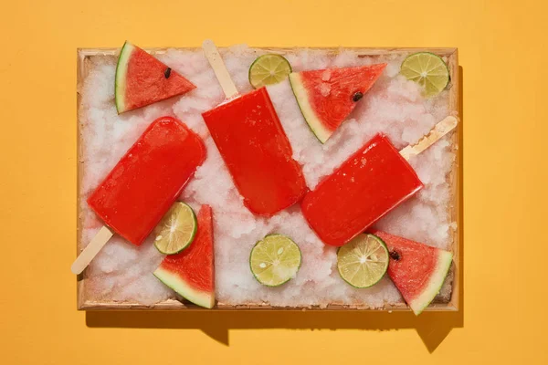 Watermelon Popsicles Sliced Lemon Ice Filled Tray — Stock Photo, Image