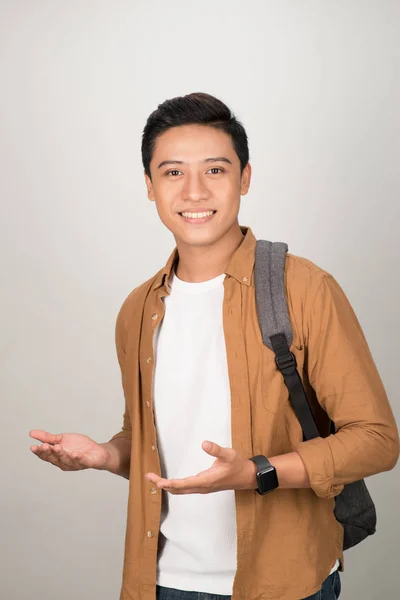 Portrait Young Asian Student Carrying Backpack Showing His Hands — Stock Photo, Image