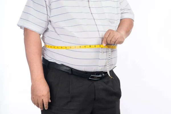Fat Mature Man Measuring His Belly Measurement Tape Isolated White — Stock Photo, Image