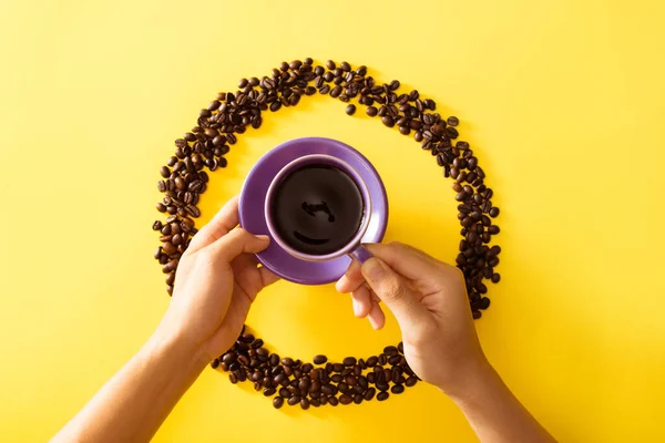 Hand Holding Cup Coffee Yellow Background — Stock Photo, Image