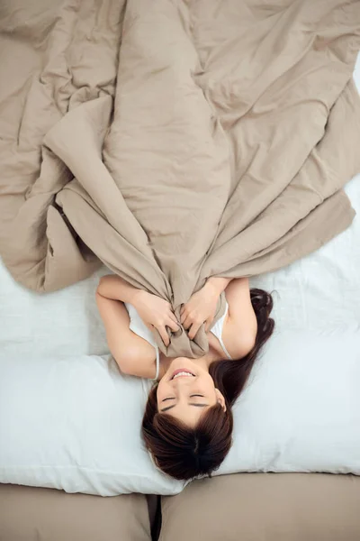 Smiling Lying Her Bed Bright Bedroom — Stockfoto