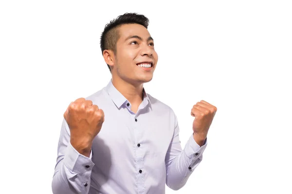 Porträt Eines Asiatischen Aufgeregten Lässigen Mannes Der Mit Erhobenen Händen — Stockfoto