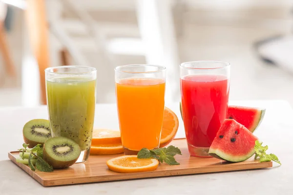 Assortment of fruit and vegetables juice in glass. Fresh organic ingredients, health or detox diet food concept