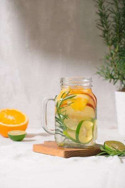 Detox Water Lime Organe Apple Rosemary Mason Jar Glass White — Stock Photo, Image