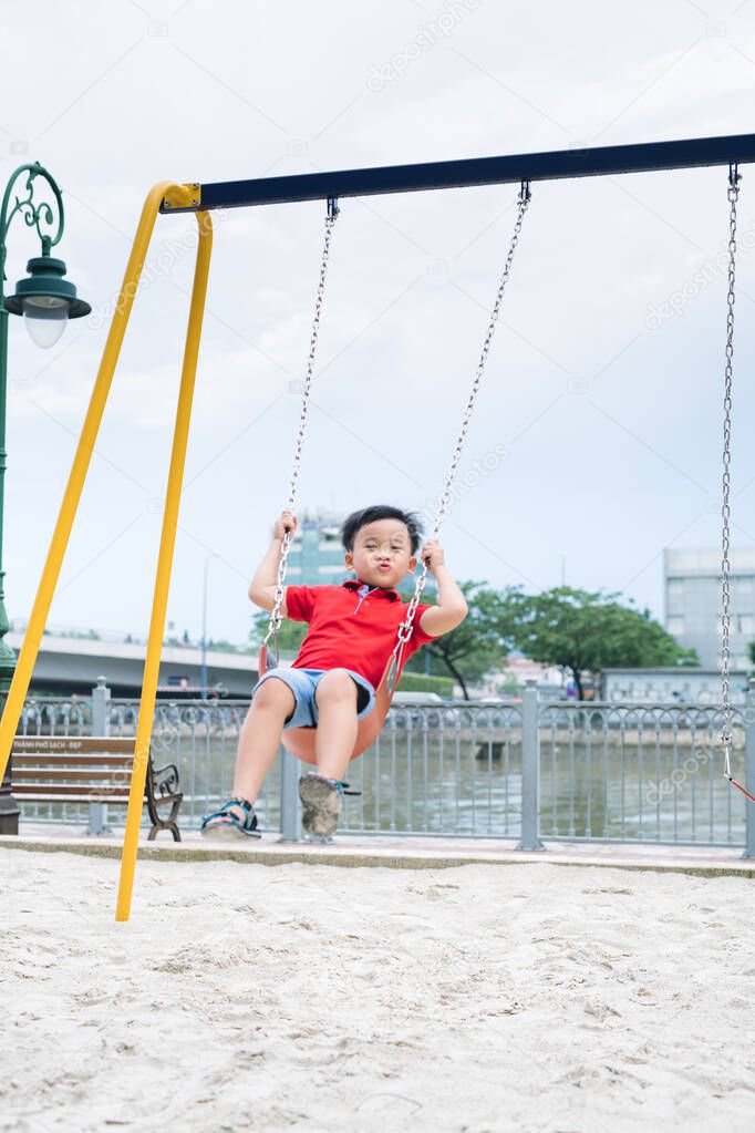 Adorable little boy having fun on a swing outdoor