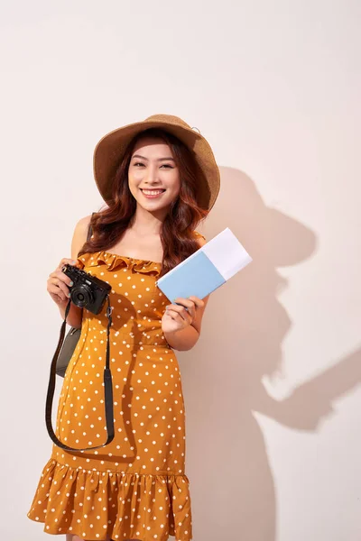 Portrait Happy Young Woman Hat Holding Camera Showing Passport While — Stock Photo, Image
