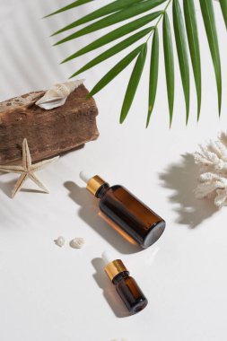 Beyaz arka planda tropikal tarzda serum ya da temel yağ, kayalar, deniz dikenleri. Güzellik ürünü konsepti.