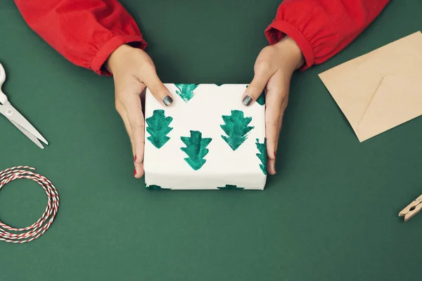 Close Woman Hands Wrapping Xmas Paper Christmas Concept — Stock Photo, Image