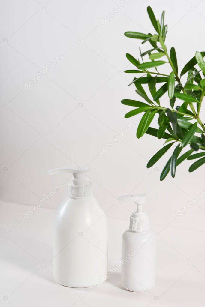 Bottles of shampoo and tropical leaf on color background