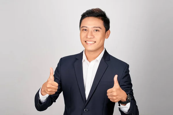 Asiatische Lächelnde Geschäftsmann Zeigt Daumen Nach Oben Beide Hand Isoliert — Stockfoto