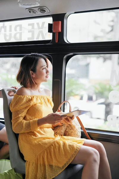Asian Woman Looking View Bus Window — Stock Photo, Image
