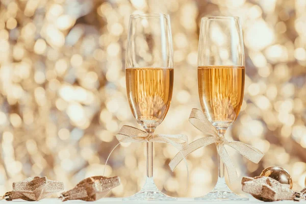 Two Full Champagne Glasses Bokeh Lights Background — Stock Photo, Image