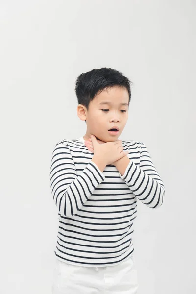 Malého Nemocného Chlapce Bolí Krku Nebo Dusí Nemůže Dýchat Nešťastně — Stock fotografie
