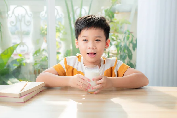 Ragazzino Carino Con Bicchiere Bevanda Latte Casa — Foto Stock