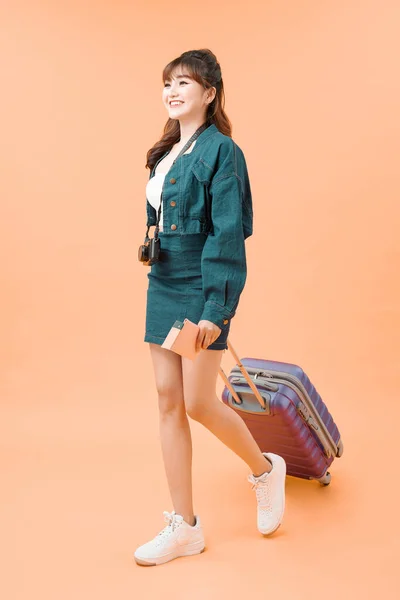 컨셉이야 여권을 가방을 여성의 스튜디오 — 스톡 사진