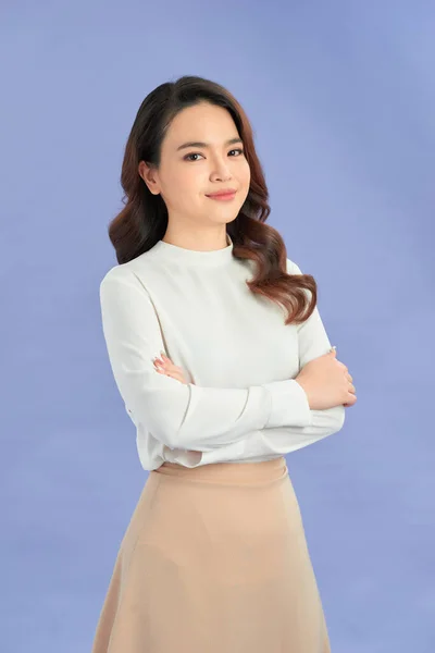Portrait Successful Business Asian Women Arms Crossed Smile Isolated Purple — Stok Foto