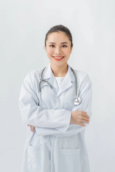 Mulher Vestido Médico Estetoscópio Consultório — Fotografia de Stock