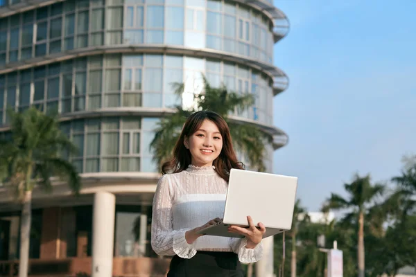 Young Woman Using Laptop Computer Smartphone Beautiful Student Girl Working — Stock Photo, Image