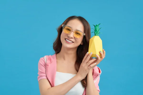 Pineapple fruit woman smiling healthy and joyful.