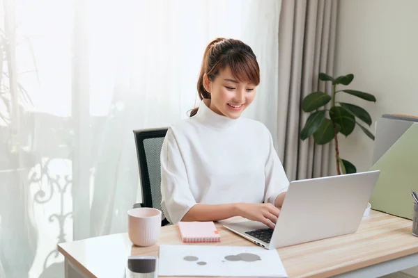 Cheerful Young Asian Woman Working Home Computer — 스톡 사진