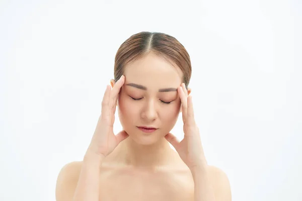 Retrato Mujer Asiática Cansada Molesta Sobre Fondo Blanco — Foto de Stock