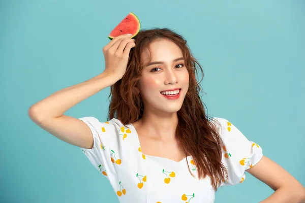 Young Asian Woman Holding Watermelon Cut Summer Vibes Concept — Stock Photo, Image