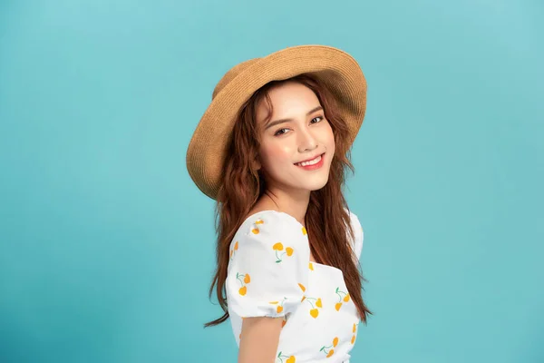 Fashion Portrait Pretty Woman Straw Summer Hat Colorful Blue Background — Stock Photo, Image