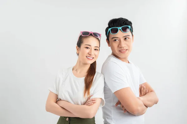 Concepto Emociones Personas Retrato Pareja Feliz Camisetas Blancas Celebrando Éxito — Foto de Stock