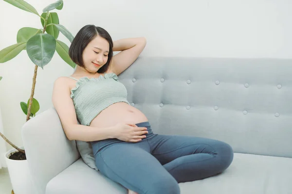 Casa Acogedor Retrato Mujer Embarazada Descansando Casa Sofá — Foto de Stock