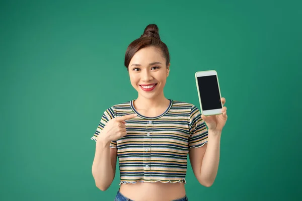 Attractive Beautiful Young Girl Showing Her Finger Blank Screen Phone — Stock Photo, Image