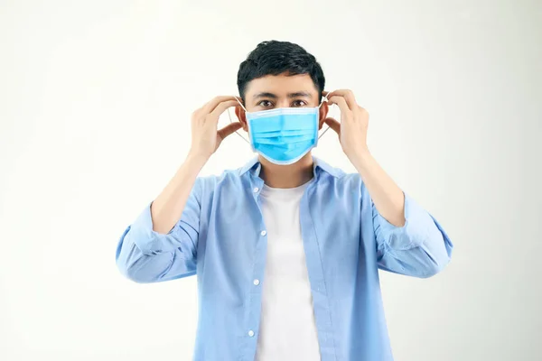 Covid Coronavirus Retrato Bonito Jovem Asiático Homem Vestindo Proteção Máscara — Fotografia de Stock