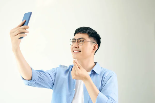 Man Taking Pictures Sending Korean Style Heart His Smartphone — Stock Photo, Image