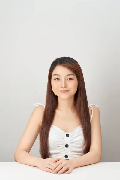Beauty Woman Smile Look You Happily Isolated Gray Background Asian — Stock Photo, Image
