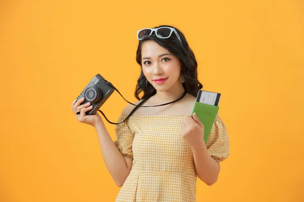 Excited Girl Holding Passport Tickets Photo Camera Isolated Gray Wall — Stock Photo, Image