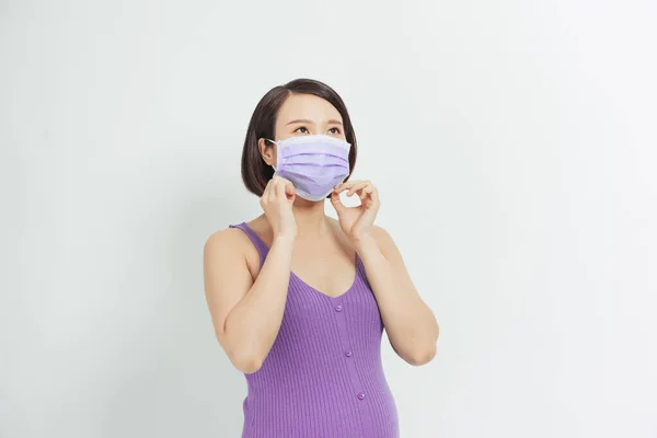 Terhes Védőmaszkban Influenza Vírusok Ellen Fehér Alapon Egészségügyi Koncepció — Stock Fotó