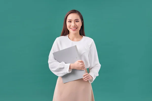 Mujer Negocios Feliz Éxito Con Carpeta Gris — Foto de Stock