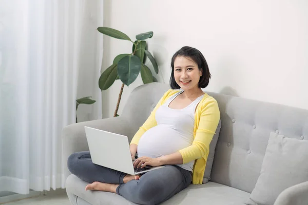 Hermosa Joven Embarazada Con Portátil Sentado Sofá Casa — Foto de Stock
