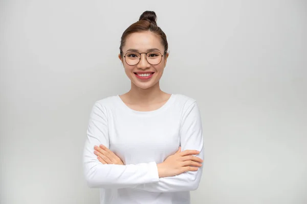 Young Woman Standing Isolated White Background Happy Face Smiling Crossed — Stock Photo, Image