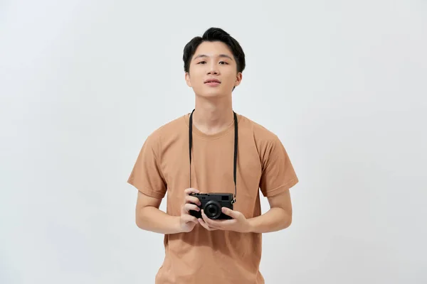 Increíble Chico Con Foto Digicam Las Manos Desgaste Casual Camiseta — Foto de Stock