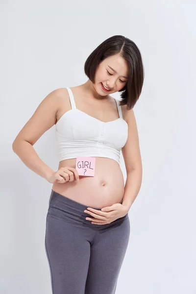 Těhotná Žena Nálepkou Dívka Břiše Izolováno Bílém Pozadí — Stock fotografie