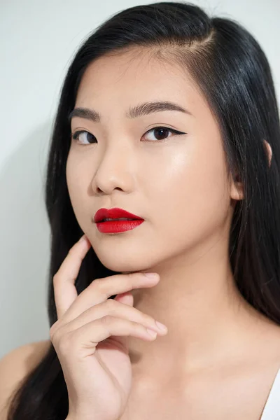 Sexy Asian Woman Satin Dress Red Lips Touching Neck Isolated — Stock Photo, Image