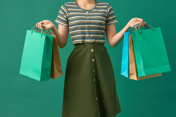 Mulher Bonita Com Pacotes Felicidade Shopping Center — Fotografia de Stock