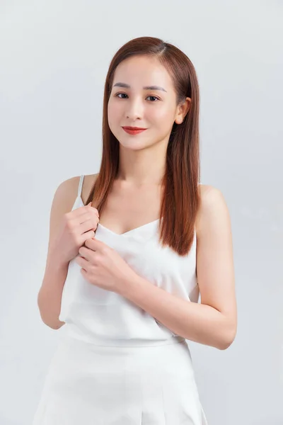 Beautiful Young Sexy Woman Light Gray Dress Posing White Wall — Stock Photo, Image