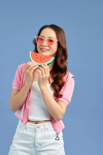 Cheerful Young Asian Woman Holding Watermelon Wearing Sunglasses Blue Background — Stock Photo, Image