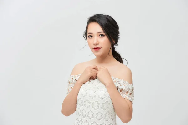 Noiva Elegante Vestido Branco Fundo Branco — Fotografia de Stock